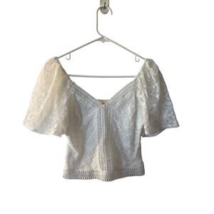 A. Peach Crop Top White Womens Size S Lace Cap Sleeve Overlay Front